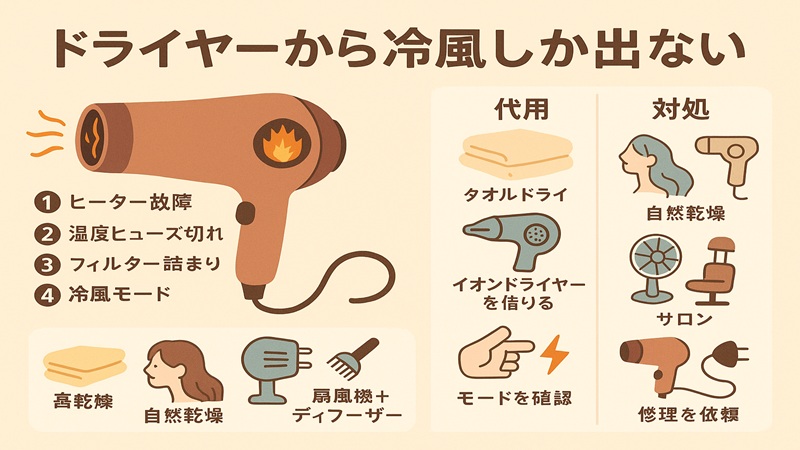 ドライヤーから冷風しか出ない【温風でない】際の代用と原因・対処