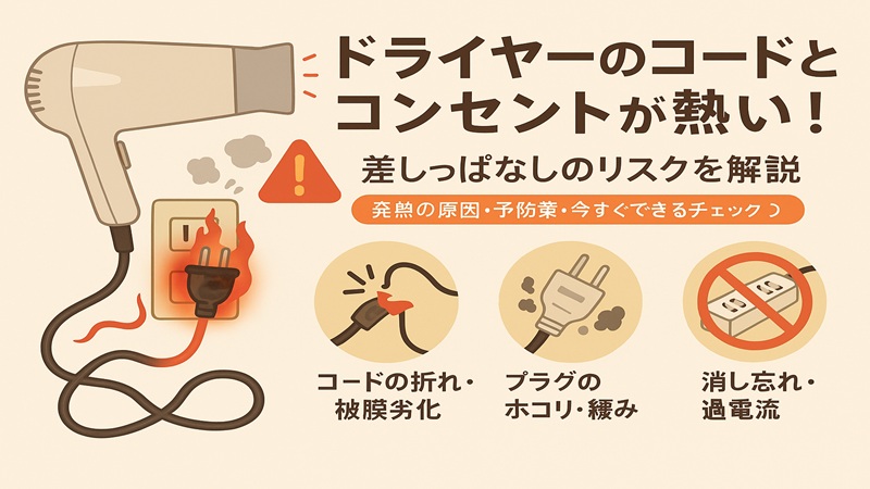 ドライヤーのコードとコンセントが熱い！差しっぱなしのリスクを解説