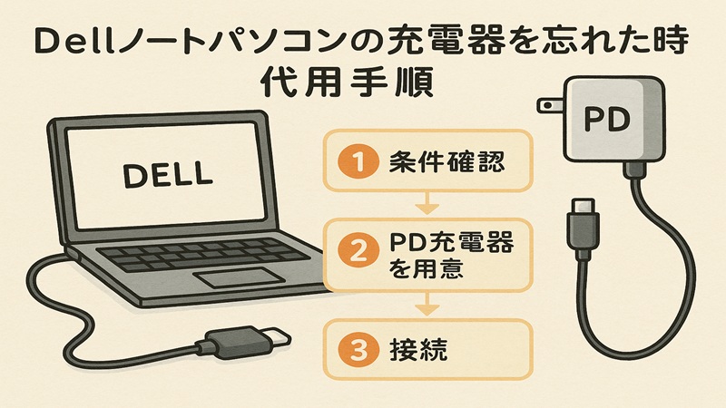 dellノートパソコンの充電器を忘れた時の代用手順とPD充電器