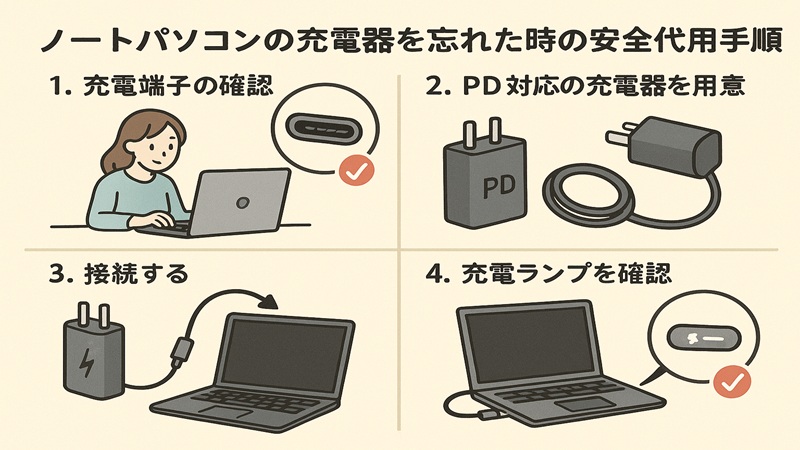 dellノートパソコンの充電器を忘れた時の安全代用手順