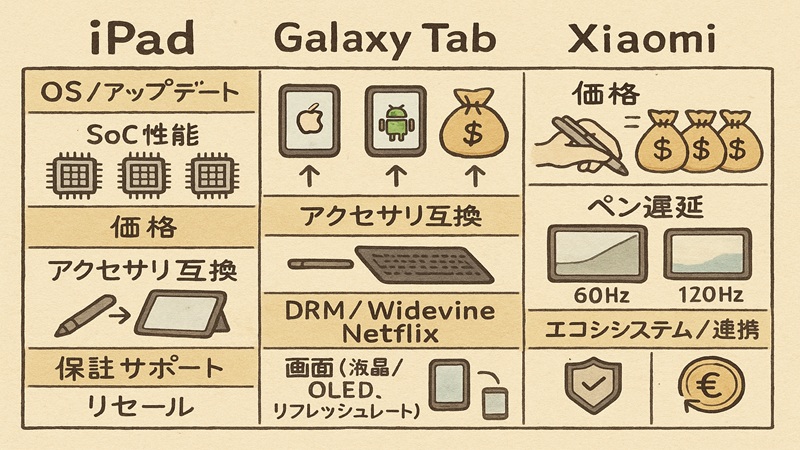 iPadやGalaxy Tabとの比較観点