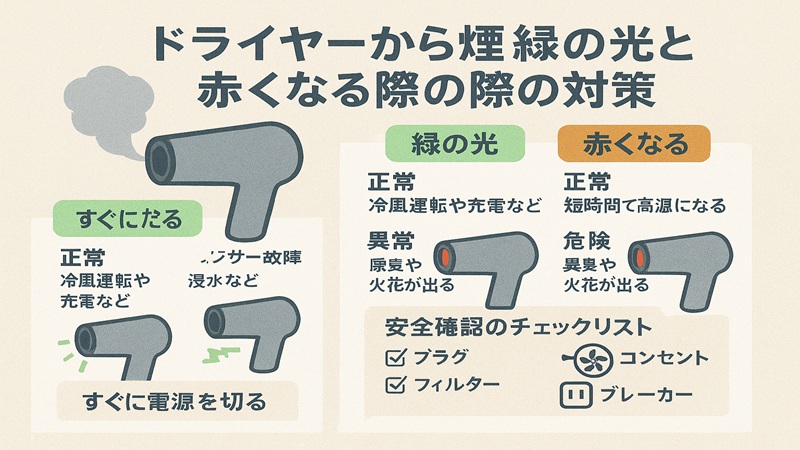 ドライヤーからの煙。緑の光と赤くなる際の対策