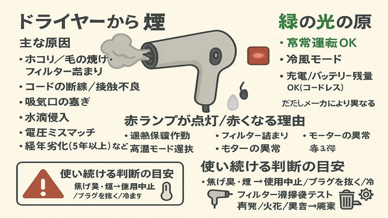 ドライヤーから煙。赤くなる理由と緑の光の原因