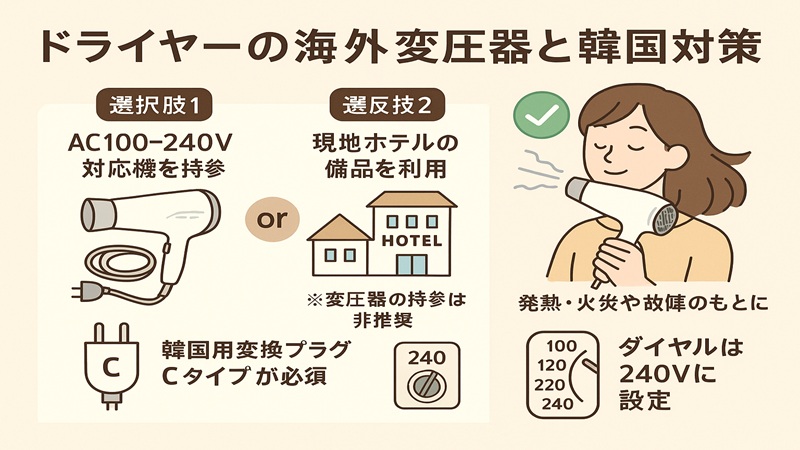 ドライヤーの海外変圧器と韓国の対策