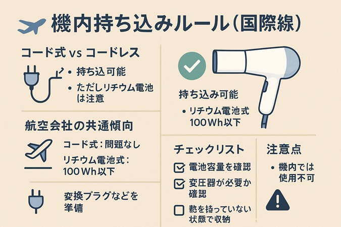ドライヤーを機内に持ち込みルール。国際線の可否と必要な準備まとめ