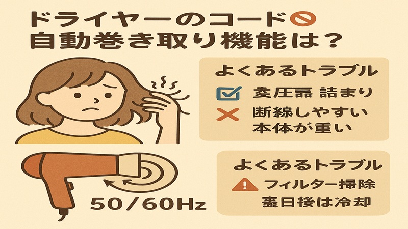 ドライヤーコードの自動巻き取り機能は？ 熱いし急に止まる原因は？