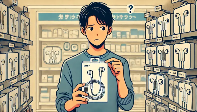 コンビニのイヤホン売り場で、非常に安価な有線イヤホンを手に取りながら品質に不安を感じている日本人ユーザーのイラスト。安さと実用性のバランスに悩む様子を描写。