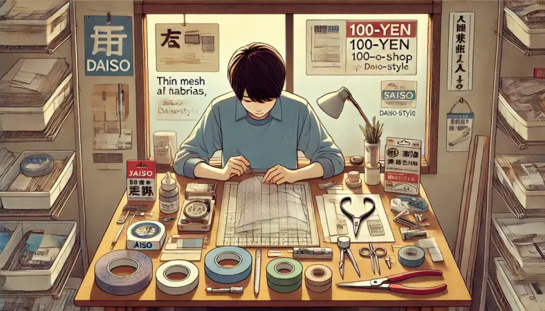 日本人の若い男女が100均の手芸・衛生用品コーナーでイヤホンフィルターの代用品（メッシュ素材や医療用テープ、ピンセットなど）を探している様子のイラスト。代用品選びに悩みながら比較している姿が描かれている。