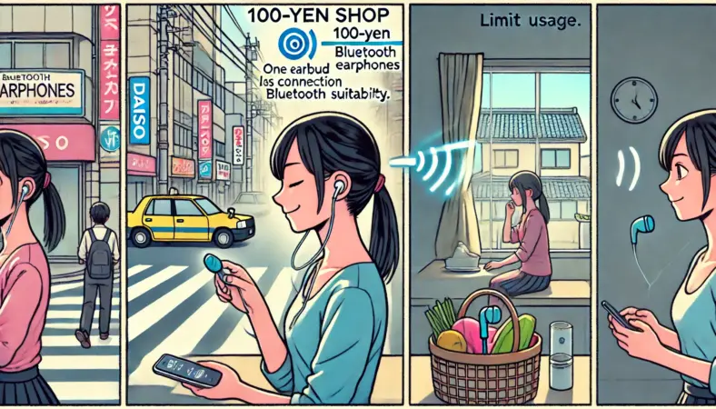 ダイソーのBluetoothイヤホンを外で使用し、片耳が切断されて困っている日本人女性と、同じイヤホンを家でBGM用に快適に使う様子を対比的に描いたイラスト。使用環境による満足度の違いが表現されている。