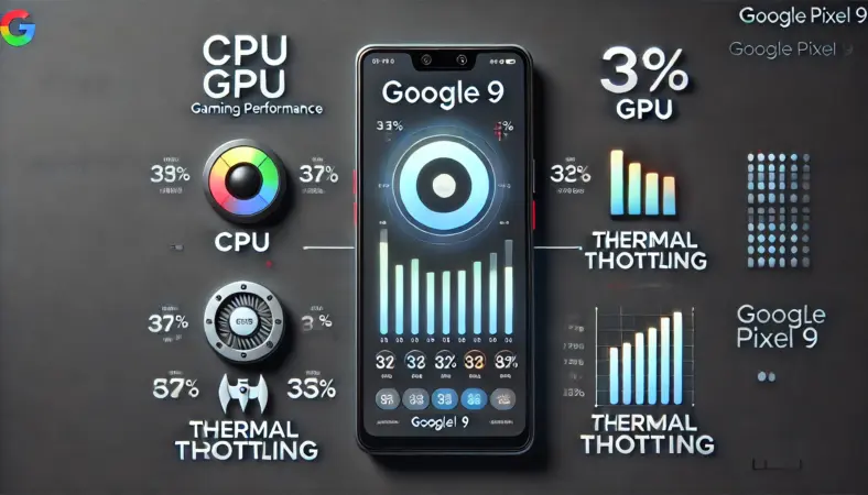 Pixel 9のゲーム性能に関するベンチマーク結果を視覚化したインフォグラフィック。CPU、GPU、持続性能を表すアイコンと棒グラフが配置されたモダンなビジュアル。