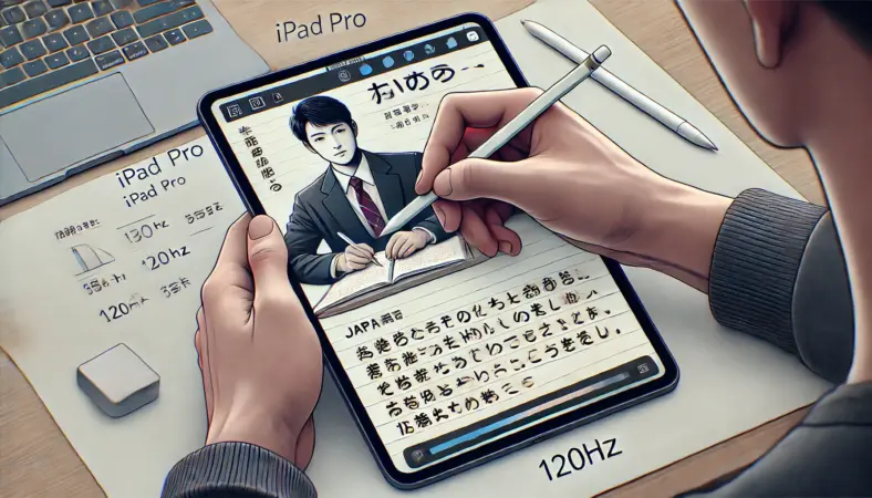 日本人男性がiPad Proにペーパーライクフィルムを貼り、Apple Pencilで日本語のノートを快適に書いている様子のイラスト。120Hzの高リフレッシュレートと紙のような書き心地が組み合わさった滑らかな書き体験を表現している。学習机の上で落ち着いた雰囲気の中作業している。