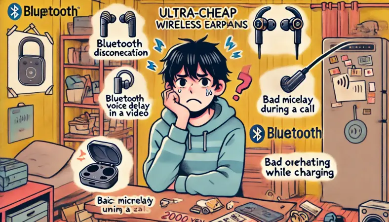 2000円以下の格安ワイヤレスイヤホンを使ってトラブルに遭う日本人の様子を描いたイラスト。音の遅延、Bluetoothの切断、通話の音質不良、充電中の発熱といった問題が視覚的に表現されている。