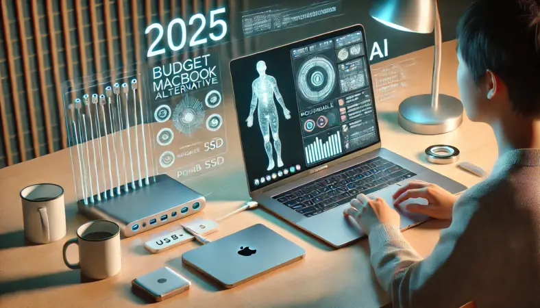 2025年の最新機能に対応したMacBook代替機を使い、AI機能を活用する日本人ユーザー。USB-CハブやSSDなどの周辺機器が揃った近未来的なデスク環境
