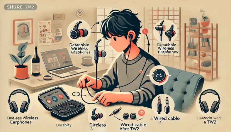 分離式のワイヤレスイヤホンを使用する日本人が、接続不調により有線ケーブルに切り替えて快適に使用している様子を描いたイラスト。交換可能な構造と安心感が伝わるビジュアル構成。