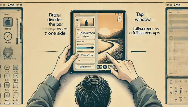 iPadの分割画面からフルスクリーンに戻す操作をしている日本人ユーザー。中央のバーを端へ寄せるか、上部コントロールを使って操作中の様子