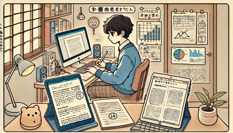 自宅の机で日本人大学生がiPadで講義ノートを取りつつ、MacBookで卒論を執筆している様子のイラスト。資料やカレンダーに囲まれた整った学習環境が、2台持ちの最適な活用例を示している。