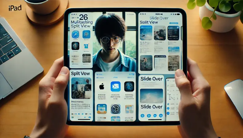 iPad上で左右に2つのアプリを分割し、さらにSlide Overで3つ目の小窓アプリを重ねて表示しているマルチタスクの実践例