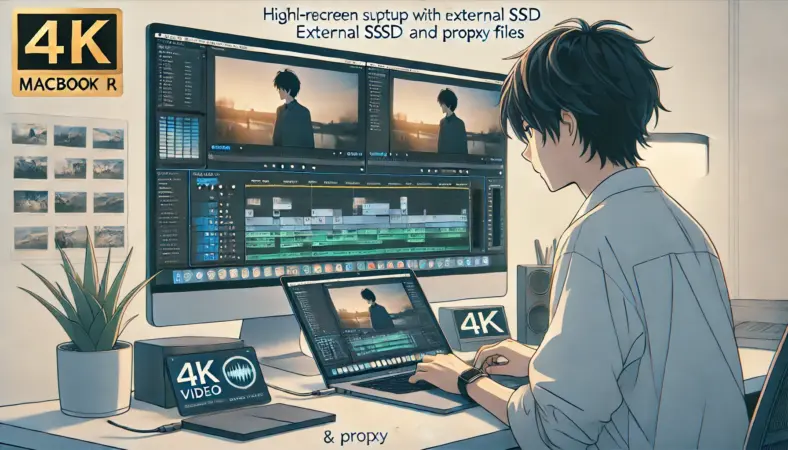 4K動画編集をMacBook Airで快適に行う日本人ユーザーが、外付けSSDやデュアルモニターを活用してプロキシ編集を行っているシーン。落ち着いた雰囲気のモダンな作業環境で集中して作業しているアニメ風イラスト。