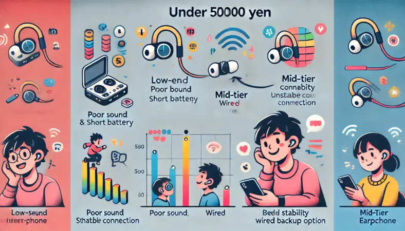 5000円以下のワイヤレスイヤホンの品質の違いを示すイラスト。左側にはトラブルの多い低価格モデル、中央に安定性と有線接続機能を持つ中堅モデル、右にはそれを快適に使用する日本人が描かれており、機能と満足度の段階的な差を視覚的に表現。