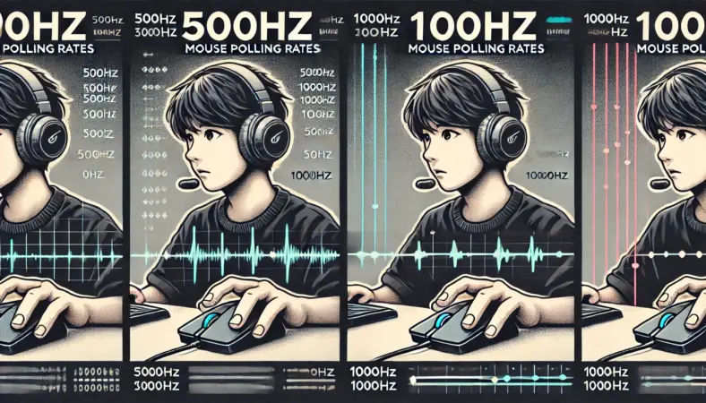 500Hzと1000Hzのポーリングレートを比較している日本人ゲーマーのイラスト。500Hz側ではわずかに遅延やカクつきが見られ、1000Hz側では滑らかなエイム操作が描かれている。