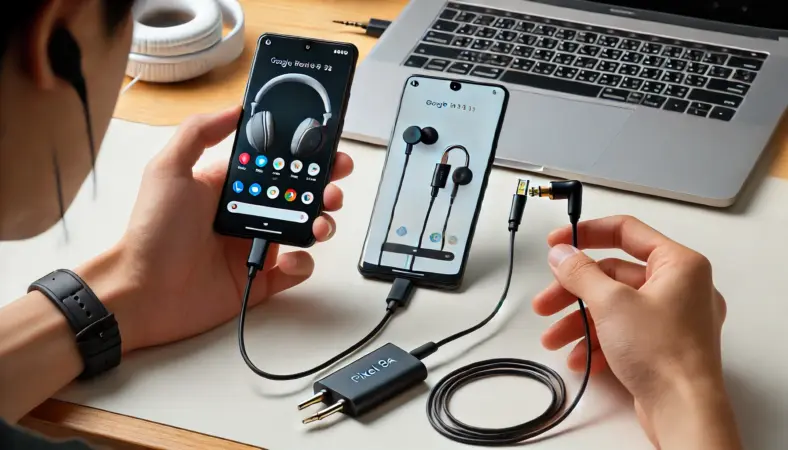 Google Pixel 8aを使って有線イヤホンを接続する2通りの方法を並べて紹介。USB-Cイヤホンの直挿しと、USB-Cから3.5mmへのDAC内蔵アダプタ経由の接続が比較されている。