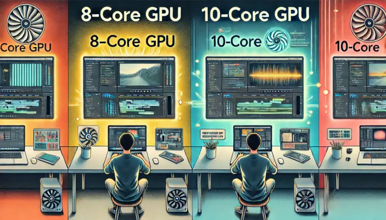 同じ作業を8コアGPUと10コアGPUのMacBookで行う日本人男性を描いたイラスト。左の8コアモデルでは動画編集に遅延が見られ、右の10コアモデルではスムーズに動作しており、パフォーマンスの差を視覚的に表現している。ワイドなデスクと近代的な和モダンな作業環境が描かれた16:9の構図。