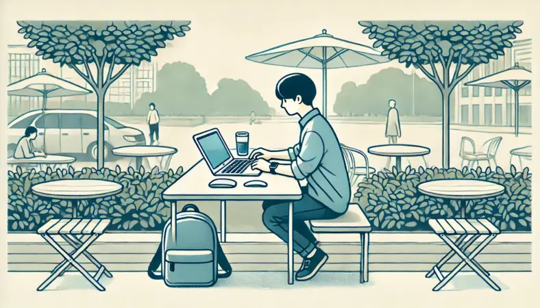 公園やカフェのテラスでMacBook Airを使い、マウスなしで快適に作業している日本人ユーザーのイラスト。軽量さとポータビリティを活かしたシンプルなワークスタイルが描かれている