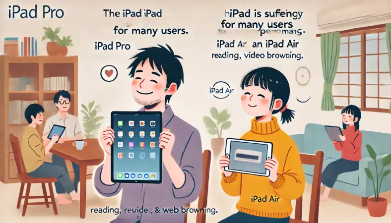 日本人の男女2人がiPad ProとiPad Airを使用している様子のイラスト。iPad Proのユーザーは滑らかな動作に満足しており、iPad Airのユーザーはリラックスして動画やウェブを楽しんでいる。家庭の中で落ち着いた雰囲気が漂い、iPad Airでも多くの人にとって十分であるという結論を穏やかに示している。