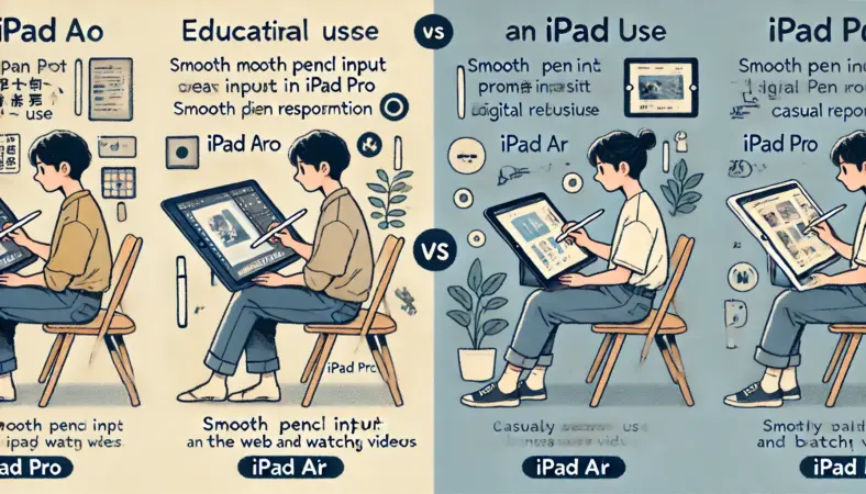 iPad Proでイラスト作業をしている日本人ユーザーと、iPad AirでWeb閲覧や動画視聴をしている別の日本人ユーザーを対比したイラスト。使用スタイルとリフレッシュレートの違いを生活シーンで表現。