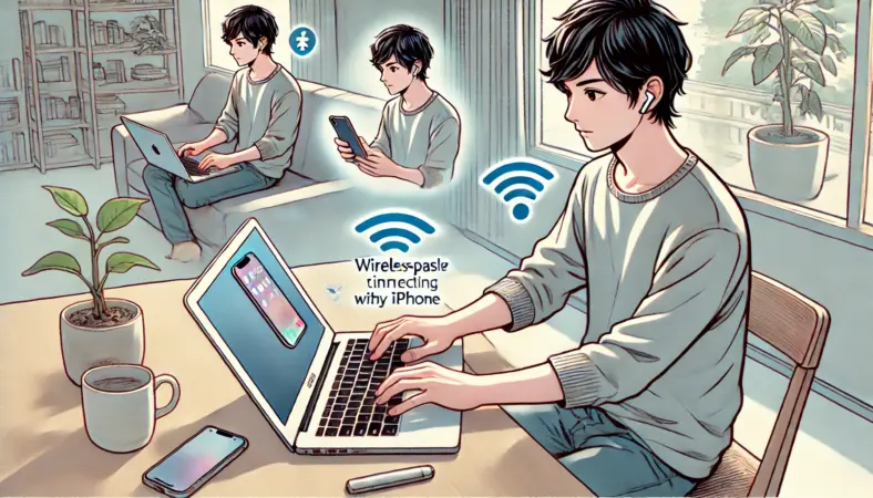 日本人の若者がMacBook AirとiPhoneを使って、写真転送や通話、テキストのコピー&ペーストなどをシームレスに行っている様子。自宅の作業環境で、Apple製品の連携の快適さを体験しているシーン