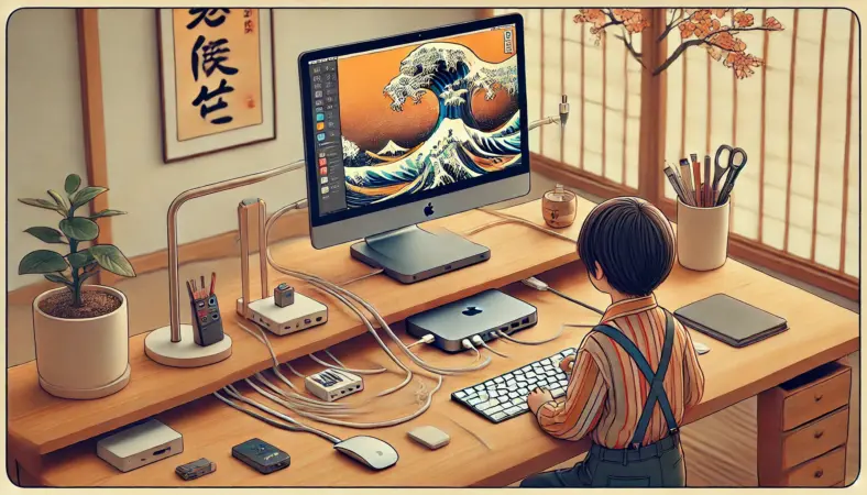 USB-Cハブ付きスタンドにiPad Airを接続し、外部モニターやキーボード・マウス・USBメモリなどを使ってデスク作業を最適化している日本人の人物のイラスト。シンプルで効率的な作業環境が描かれている。