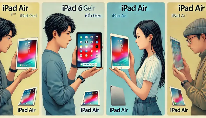 iPad第6世代とiPad Airを手に持ち、性能や用途の違いを比較する日本人男女のイラスト。男性はAirを検討し、女性は無印iPadを評価している様子で、用途に応じた買い替え判断を象徴している。