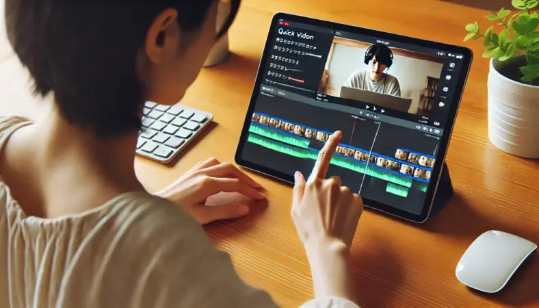 iPad Airを使い、外部SSDとキーボードを接続して中規模な動画編集を行う日本人。シンプルながら効率の良い作業環境が整っており、集中して編集できる様子が伝わる。