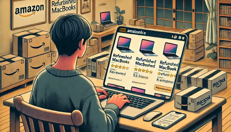 日本人のユーザーがAmazonでMacBook整備品の購入を検討している様子。出品者情報や保証、返品条件などを慎重に確認している場面が描かれている