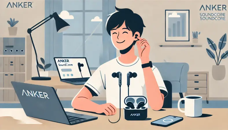 自宅またはオフィスでAnker Soundcore風のワイヤレスイヤホンを使用し、スマートフォンやノートPCと連携しながら快適に過ごしている日本人ユーザーのイラスト。毎日使ってもストレスが少ない様子を表現。