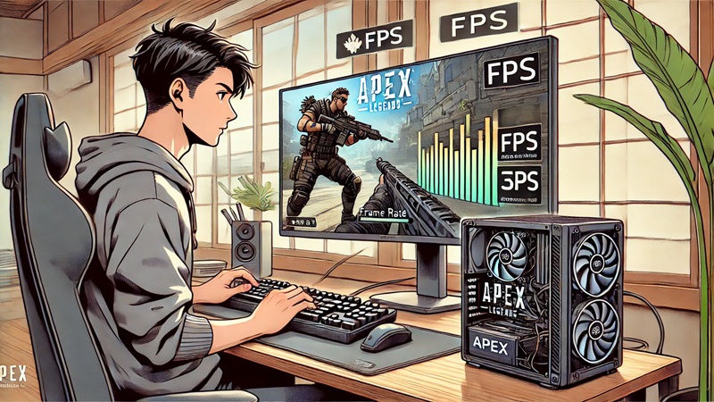 コンパクトなミニPCでApex Legendsをプレイし、フレームレートやゲーム動作の滑らかさを確認している日本人ゲーマーのイラスト。画面には戦闘シーンとパフォーマンス指標が映し出され、快適さの指標を可視化している