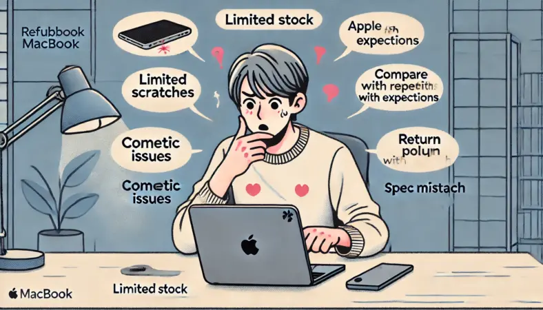 日本人のユーザーがApple整備済MacBookの細かい傷やスペックの違いに気づいて驚いている様子。机の周りには在庫不足や返品条件の確認を示すアイコンが浮かんでいる