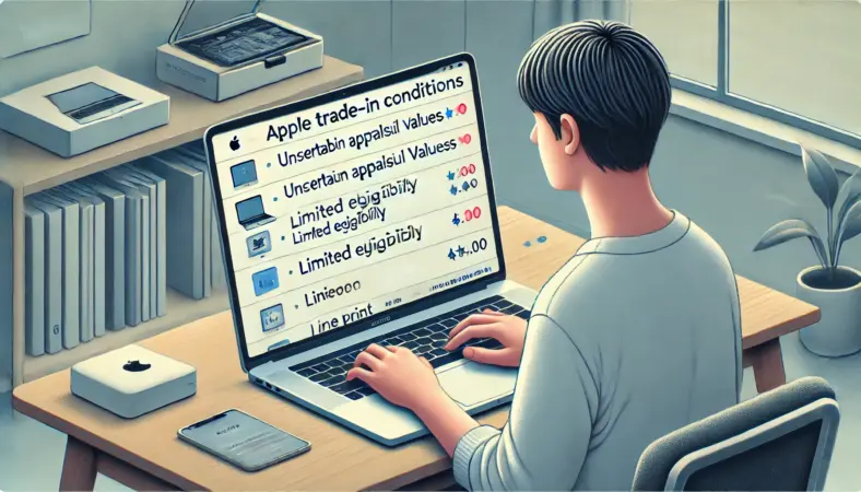 日本人の利用者が、整備済MacBookのApple公式下取り条件を慎重に確認している様子。画面上には下取り可否や査定額に関するアイコンが浮かび、注意深く調べているシーン