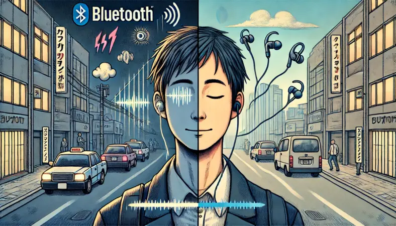左側では騒がしい都市でBluetoothイヤホンを使う日本人男性、右側では静かな室内で有線ヘッドホンを使う同じ男性。環境の違いが音質体験に与える影響を表現した対比構図のイラスト。