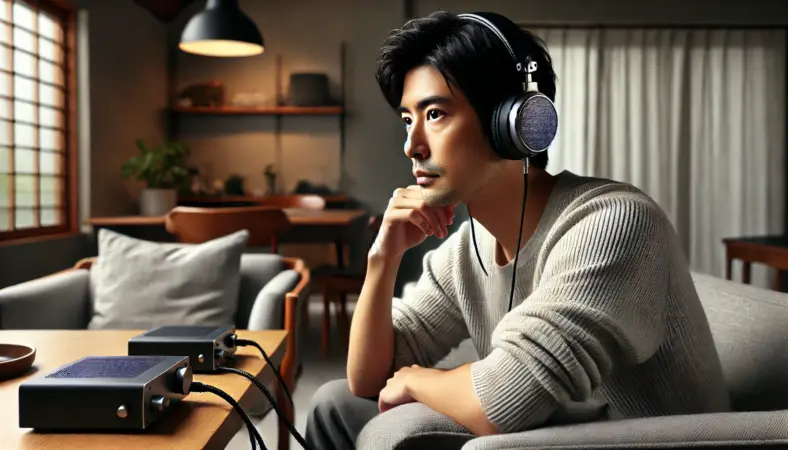 自宅の静かなリビングで、高音質な有線ヘッドホンを使用して音楽を楽しむ日本人男性。快適な環境で真剣にリスニングをする様子が、有線の高音質再生の利点を強調している。