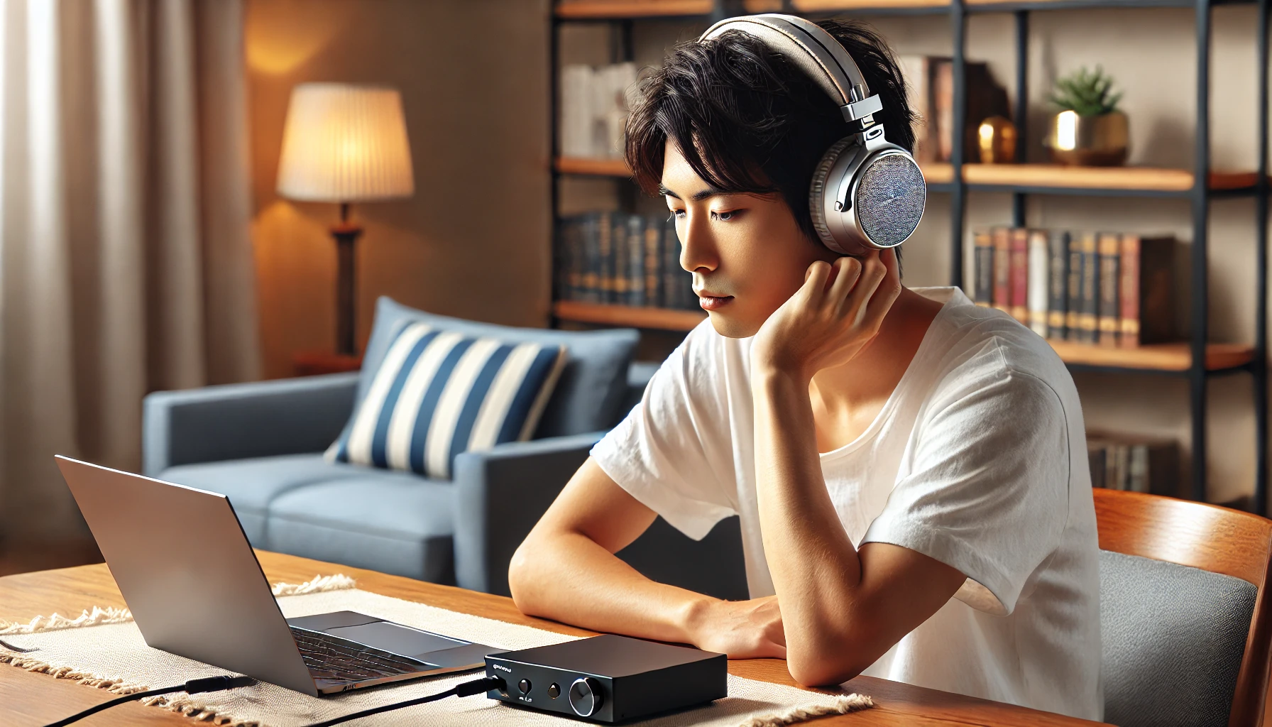 静かな自宅でデスクに座り、有線ヘッドホンでハイレゾ音源を楽しむ日本人男性。ケーブル接続されたヘッドホンが安定した高音質再生環境を表現している。