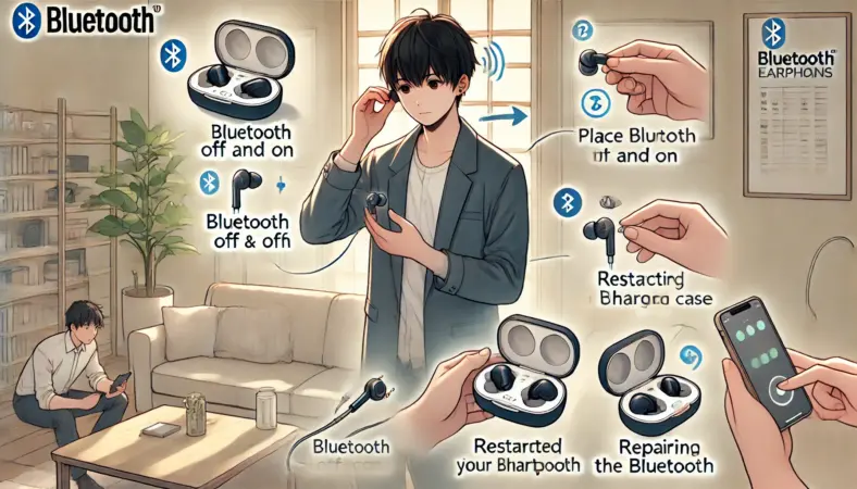 日本人の人物がBluetoothイヤホンの音量が小さい問題を解決しようと、スマートフォンのBluetoothをオンオフしたり、イヤホンをケースに戻して再接続したり、スマホを再起動したりしている様子を描いたイラスト。明るく整った室内環境で、復旧の流れが視覚的にわかる構図。