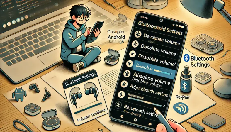 日本人のユーザーがAndroidスマートフォンでBluetooth音量問題を解決しようとしている様子のイラスト。開発者向け設定で絶対音量を無効にしたり、Bluetooth接続を再設定したりするシーンが、整ったワークスペースで描かれている。