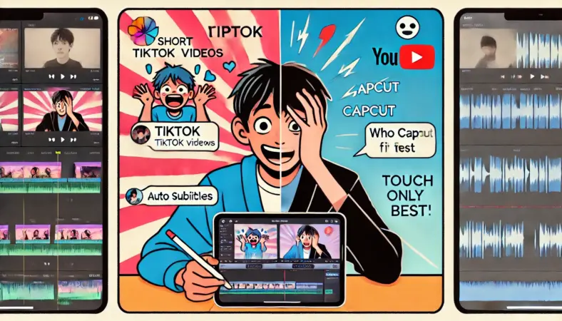 CapCutでショート動画を楽しく編集する日本人と、長尺YouTube編集でストレスを感じる別の日本人の対比。アプリの適性に応じたユーザーの満足度や苦労が描かれており、用途に合った選択の重要性が表現されている。