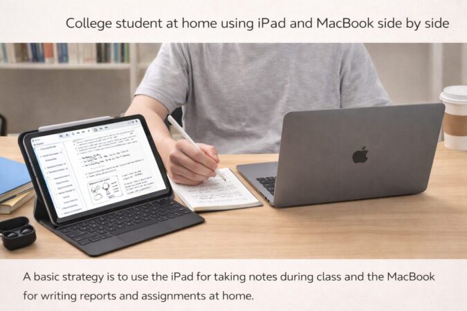 自宅の机でiPadとMacBookを並べて使う大学生のイメージ