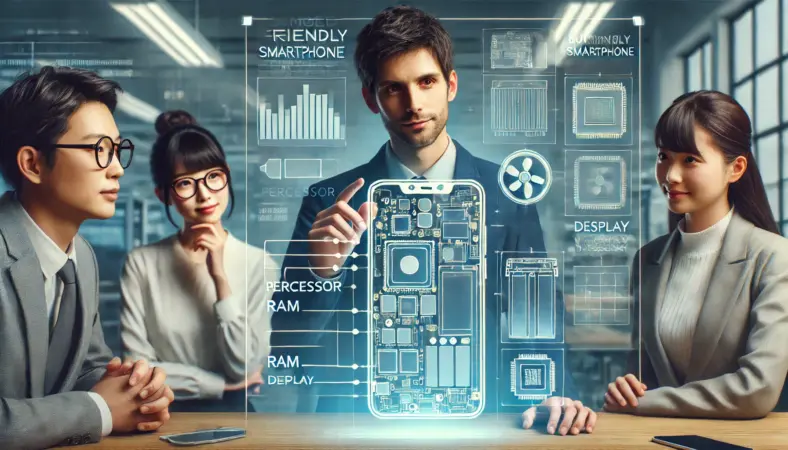 スマホの設計図をホログラムで説明する日本人の技術者と、それを真剣に聞く男女のイラスト。Galaxy A25 5Gがコストを抑えて設計されていることを視覚的に伝える場面。