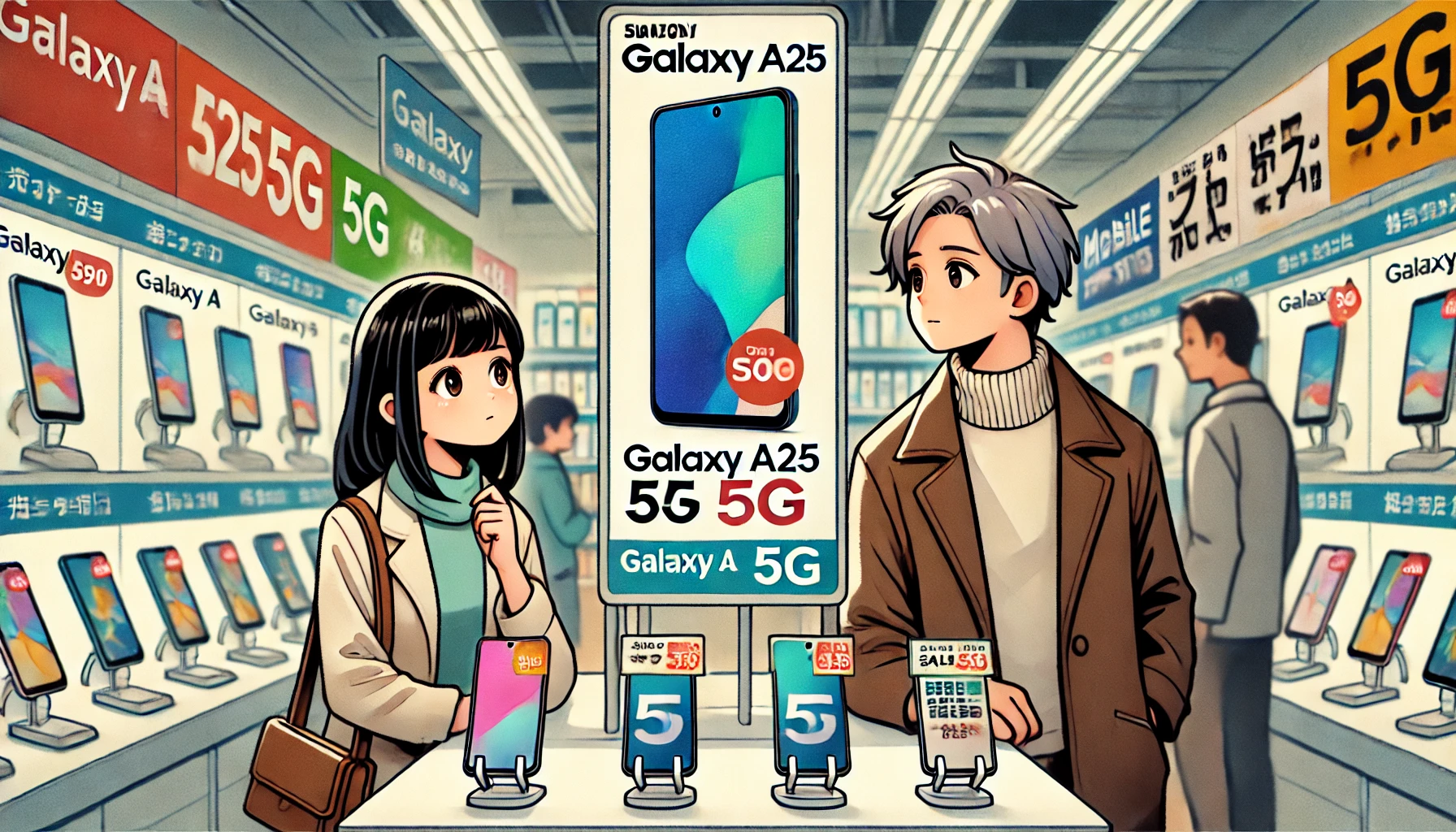 家電量販店でGalaxy A25 5Gのセール価格に興味を示す日本人の男女。価格の安さに驚きと疑問を感じている様子がイラストで表現されている。