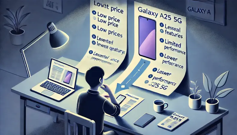 日本人の消費者がスマートフォンの購入を検討しながら、価格の安さと基本機能の充実というメリットと、性能や画面品質の制限というデメリットを天秤にかけているイラスト。