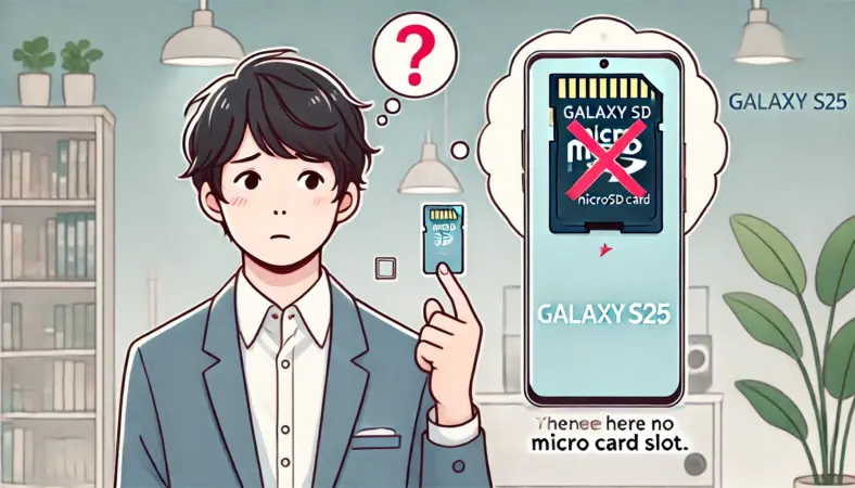Galaxy S25スマートフォンを手にし、microSDカードスロットがないことに戸惑う表情を浮かべる日本人男性のイラスト。スマホにはスロットが見当たらず、背景にはテックアクセサリーが配置された室内が描かれている。