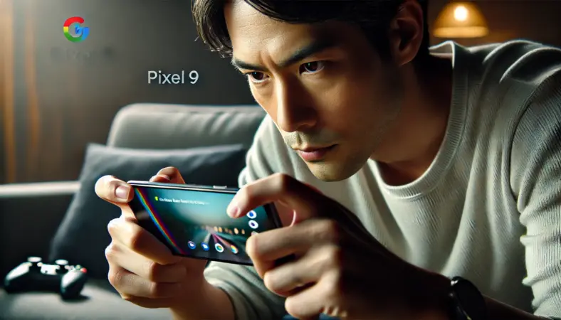 室内でGoogle Pixel 9を使ってゲーム中の日本人男性。集中した表情と発熱を示す視覚効果が描写されており、スマホの発熱問題に悩む様子がわかる。